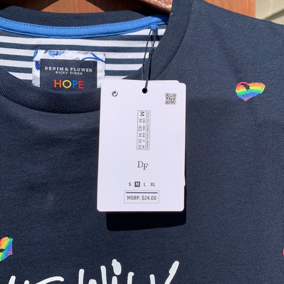 NWT Denim & Flower Ricky Singh Hope T Shirt Gay Pride Rainbows Hearts Size M NWT - Picture 5 of 13
